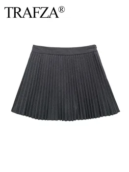 Летние мини-юбки TRAFZA, женские модные Темно-серые складки с высокой талией, украшенные боковой молнией, Короткие юбки, женская сексуальная плиссированная юбка Изображение