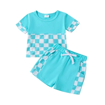 Летняя одежда для маленьких мальчиков, футболка с круглым вырезом и короткими рукавами с принтом в шахматном порядке и шорты, комплект одежды из 2 предметов Изображение