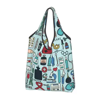 Многоразовая Красочная сумка для продуктов с каракулями медсестры, аптеки, Складная сумка для покупок, которую можно стирать в машине, Эко-сумка для хранения, легкая Изображение
