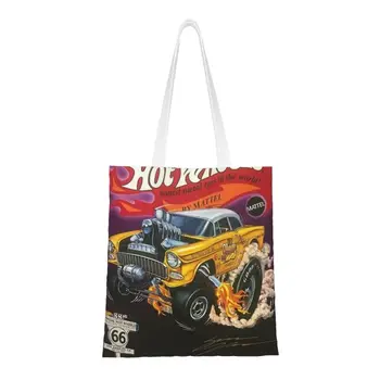 Многоразовая хозяйственная сумка Hot Wheels Gold 55 Gasser, женская холщовая сумка-тоут, прочные сумки для покупок в мультяшных спортивных автомобилях Изображение