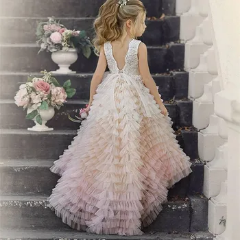 Многоуровневые платья принцессы из тюля для девочек, сшитое на заказ платье цветочницы для свадьбы, Новые Длинные нарядные платья для элегантных Изображение