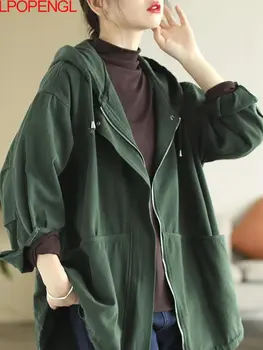 Модная женская весенняя куртка с капюшоном 2023 года, свободная литературная универсальная Корейская ветровка с длинным рукавом на молнии, Винтажная ветровка Изображение