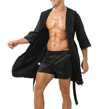 Мужской негабаритный свободный атласный шелковый тонкий сексуальный халат с капюшоном, пижамы, пижамный халат, банный халат, ночное белье, мужские халаты на шнуровке Изображение