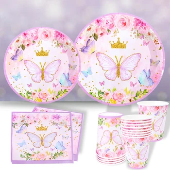 Набор одноразовой посуды с розовой бабочкой, Бумажная Тарелка, Чашка, Салфетка, Украшение для вечеринки с Днем рождения, 1-я девочка для душа ребенка на день рождения Изображение