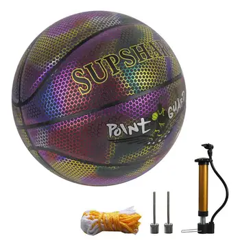 Надувной баскетбольный мяч из светоотражающей искусственной кожи, баскетбольный мяч для тренировок, играющий в износостойкий баскетбольный мяч Изображение