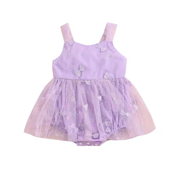 Новорожденный Младенец Для маленьких девочек, Сетчатое платье-бабочка без рукавов, комбинезон, Фиолетовое Боди, Юбка-слинг, платье принцессы Изображение