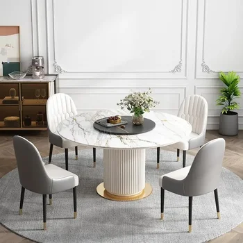 Обеденный стол из глянцевого камня, Светлая Роскошная Круглая кухня с белым уголком, современная мебель для ресторана в скандинавском стиле для гостиной Изображение