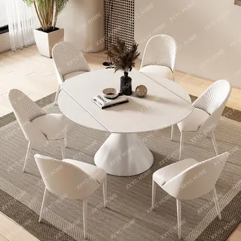 Обеденный стол с чисто-белой матовой каменной плитой в кремовом стиле, Вращающийся Выдвижной складной стол двойного назначения Изображение