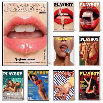 Обложка модного журнала, плакат Play Boy, красные губы, бабочка, холст, HD Печать, Настенная художественная картина, Декор для гостиной, спальни, подарок Изображение