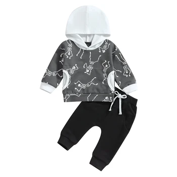 Одежда для маленьких мальчиков из 2 предметов, толстовка с капюшоном и штанами с рисунком скелета на Хэллоуин, толстовка с длинными рукавами и штаны для малышей, осенняя одежда Изображение