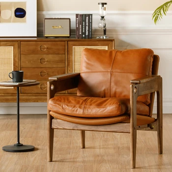 Одноместный диван-кресло, Скандинавское кресло для отдыха, Современное кресло для чтения, Массив дерева, натуральная кожа, дизайнерское кресло в стиле ретро, Бесшумный стиль Изображение