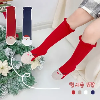 Осенне-зимние детские Корейские кружевные Рождественские носки для девочек с мультяшным рисунком, большие красные праздничные носки для телят, хлопок Изображение