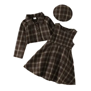 Осенняя одежда из 3 предметов для девочек от 4 до 7 лет, Корейская модная куртка с длинными рукавами + платье трапециевидной формы + берет, комплект одежды для малышей Изображение