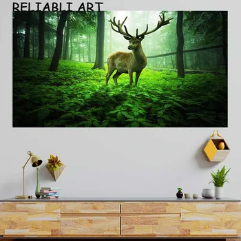 Плакат с изображением животного с зеленым деревом, оленя, Лося, современная натуральная картина на холсте, настенное искусство, картина для гостиной, домашний декор, без рамки Изображение