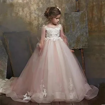 Платья для девочек с цветочным узором, милые платья трапециевидной формы для свадьбы, кружевные аппликации из тюля, иллюзия, длинные рукава, праздничное платье принцессы для Первого причастия Изображение
