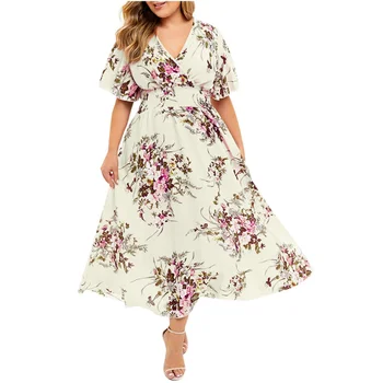 Плюс размер 3XL 4XL 5XL Женское платье с цветочным рисунком, шифоновое платье с цветочным рисунком, богемное пляжное летнее платье, Городское платье с фрагментированным цветочным рисунком Изображение