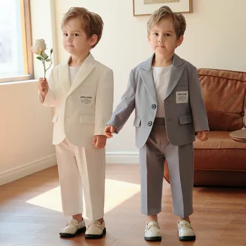 Повседневный костюм для мальчиков, весенне-осенняя Корейская детская куртка, брюки, одежда из 2 предметов, Детский костюм для фотосъемки на свадьбу, День рождения Изображение