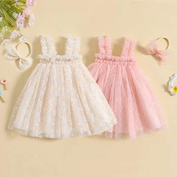Праздничное платье принцессы для маленьких девочек с цветочной кружевной вышивкой, шифоновое сетчатое платье на бретелях без рукавов, летняя детская одежда, повязка на голову Изображение