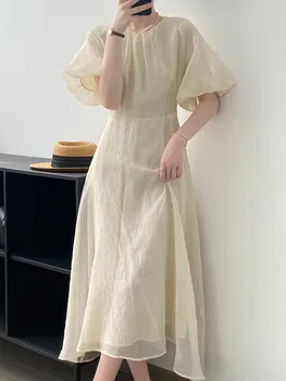 Пузырь рукав платье женщины лето 2023 новый-линии длинные платья элегантные однотонные корейский сладкий платье Изображение