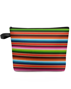 Разноцветная дорожная косметичка в мексиканскую полоску большой емкости, Портативная сумка для хранения макияжа, женский водонепроницаемый пенал Изображение