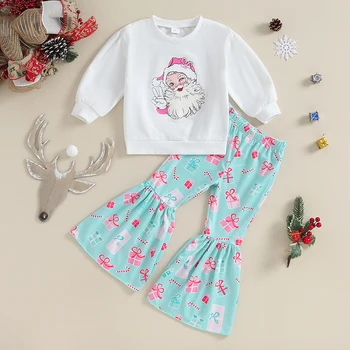 Рождественские наряды для маленьких девочек, толстовка с длинными рукавами и принтом, топы, расклешенные брюки, комплекты из 2 предметов Изображение
