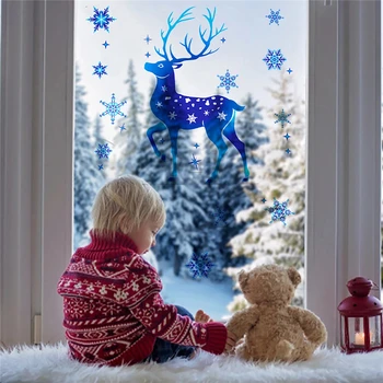 Рождественское украшение Наклейка на окно в виде Лося и Снежинки, С Рождеством, Стеклянные Наклейки, Украшения, Декор для Рождественской вечеринки Navidad 2023 Изображение