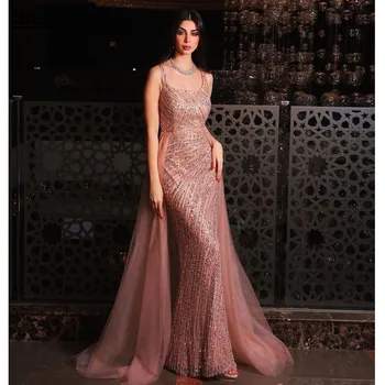 Розовая Съемная юбка-Русалка, Расшитая бисером, Роскошные Арабские Вечерние платья 2023 Для женской вечеринки Изображение
