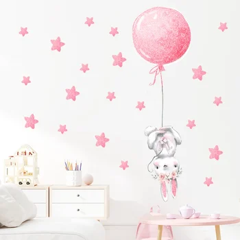 Розово-золотой Кролик с воздушным шаром, наклейки на стену для детской комнаты, декоративные наклейки для детской комнаты, наклейки для девочек Изображение