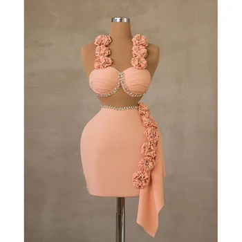 Розовое вечернее платье, сексуальная мини-юбка, Спагетти, без рукавов со стразами, выше колена, для особых случаев, Модное Винтажное роскошное платье Изображение
