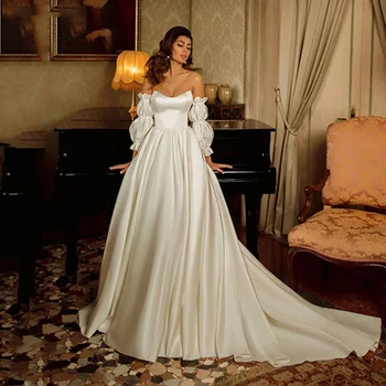 Роскошное свадебное платье Простого изысканного силуэта, облегающее, с открытыми плечами, белого цвета, со шлейфом, с пышными рукавами, свадебные платья с запахом Изображение