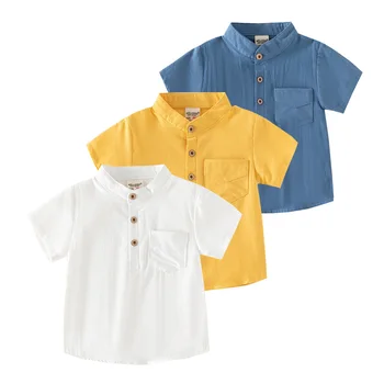 Рубашки для мальчиков с воротником-стойкой, летние льняные хлопковые футболки для малышей с коротким рукавом, детские топы, тройники, детская одежда Изображение