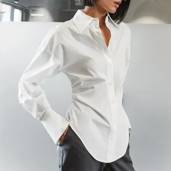 Сексуальная приталенная однотонная белая блузка с длинным рукавом 2023, Офисная Женская одежда с отложным воротником, Топы, складная рубашка, Женские осенние блузки 29368 Изображение
