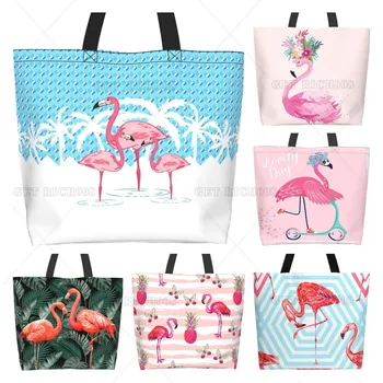 Сине-белый фламинго, Кокосовая пальма, сумка-тоут, сумка через плечо, Многоразовая сумка для покупок, дорожная сумка для продуктов, сумка-тоут, подарки для женщин Изображение