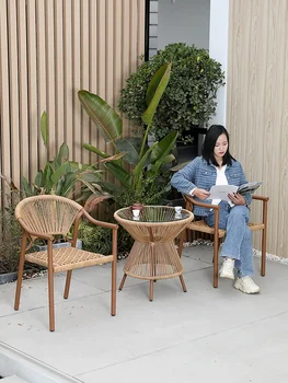 Уличный столик из трех частей на балконе для чаепития, чтения книг, отдыха, маленький чайный столик, плетение из ротанга в новом китайском стиле Изображение