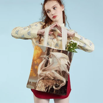 Холщовая сумка-тоут с рисунком дракона, модная мультяшная сумка с животными, женская художественная складная многоразовая сумка для покупок Изображение