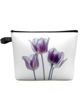 Цветок Тюльпан, Фиолетовая Абстрактная косметичка, сумка для путешествий, Женские косметические сумки, Туалетный органайзер, пенал для хранения Изображение
