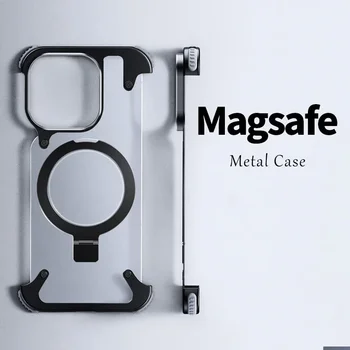 Чехол для телефона без оправы с магнитной подставкой для iPhone 13 14 15 Pro Max 15 Plus с алюминиевым объективом, металлический корпус телефона, матовая задняя крышка Изображение