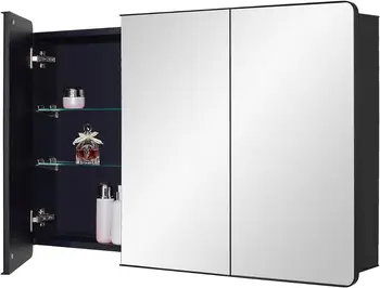 Шкафчик для лекарств IDYLLOR Black для ванной комнаты с круглой угловой дверцей в рамке, 40 x 25,5 дюйма, встраиваемый или для поверхностного монтажа Изображение