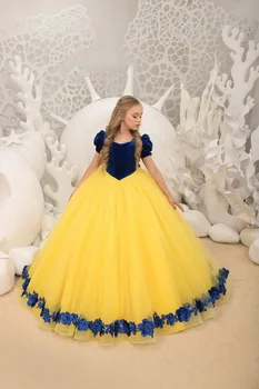 Элегантные желто-синие платья принцессы с цветочным узором для девочек, Длинные Детские аппликации, платья для дня рождения, свадебной вечеринки, платье для фотосессии в стиле милой девушки Изображение