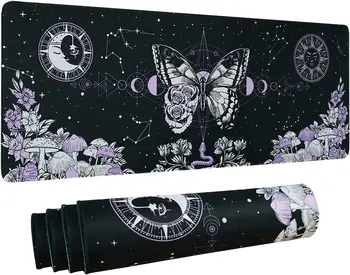 Эстетичный игровой коврик для мыши Butterfly Goth XL Коврик для мыши Trippy Mushroom Moon Galaxy Черный фиолетовый Длинный Большой стол 31,5 X 11,8 дюйма Изображение